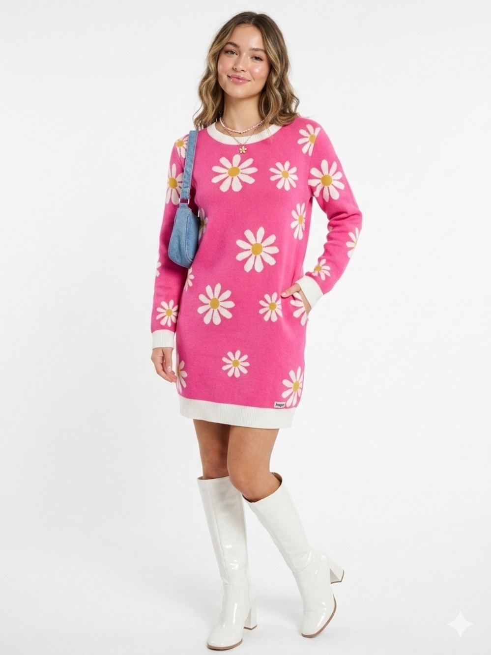 Umgee Pink Daisy Knit Sweater Dress Small Barbiecore
